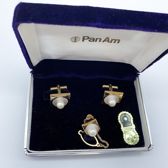 22K GF PanAm Cultured Pearl Cufflinks and Pin Set - Picture 2 of 8